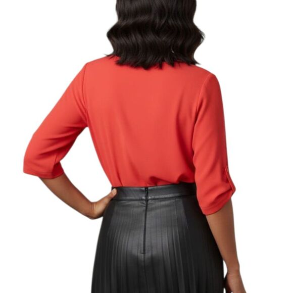 Calvin Klein Red Tunic Top w/Faux Leather Collar Gold Zip & 3/4 Tab Sleeves Sz S - Picture 4 of 12